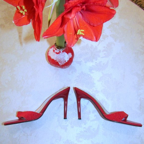 RED SHOES 4" SPIKE HEEL SLIDES, 7.5 7 1/2 MICHAEL ANTONIO, BARBIE DOLL STYLE - Picture 3 of 5